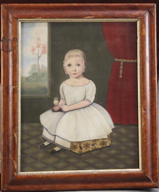 American School Naive portrait of a child holding a chick, 13 x 10.5in.